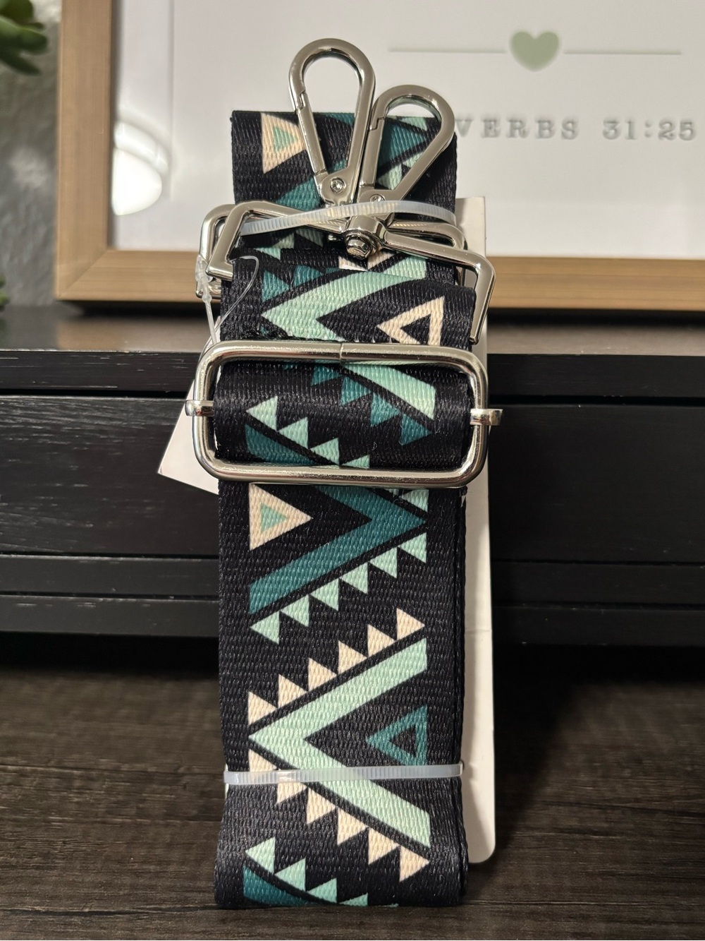 Geometric Aztec Bag Strap, Guitar Style in Black and Mint
